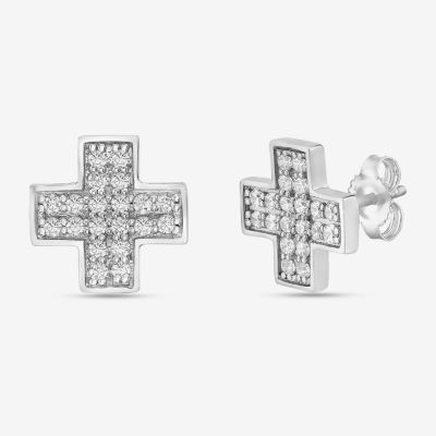 1/2 CT. T.W. Natural White Diamond Sterling Silver 11mm Cross Stud Earrings