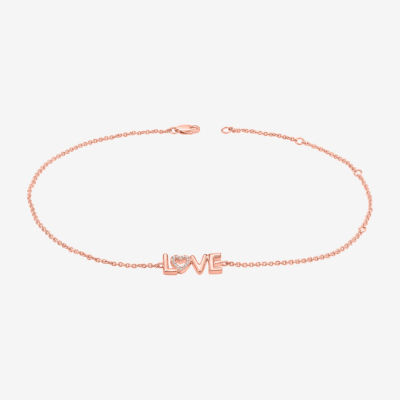 Love 14K Rose Gold Over Silver 10 Inch Solid Cable Heart Ankle Bracelet