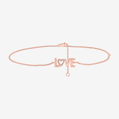 Love 14K Rose Gold Over Silver 10 Inch Solid Cable Heart Ankle Bracelet