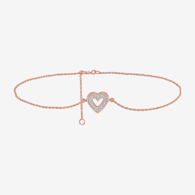 14K Rose Gold Over Silver 10 Inch Solid Cable Heart Ankle Bracelet