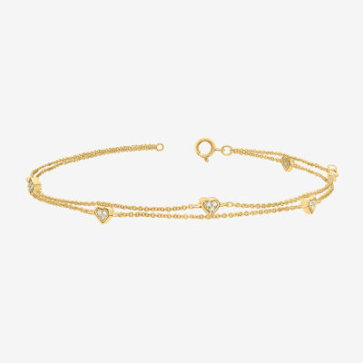 Double Strand Station 14K Gold Over Silver 10 Inch Solid Cable Heart Ankle Bracelet