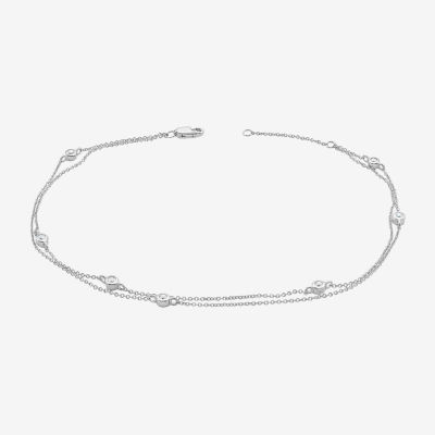 Double Strand Station Sterling Silver 10 Inch Solid Cable Ankle Bracelet