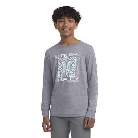 Hurley Big Boys Crew Neck Long Sleeve Graphic T-Shirt, Medium (10-12), Gray