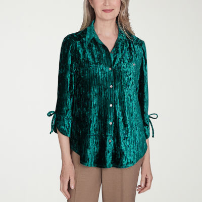 Alfred Dunner Emerald Isle Womens 3/4 Sleeve Regular Fit Button-Down Shirt