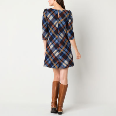 Jessica Howard Plaid Womens 3/4 Sleeve Shift Dress