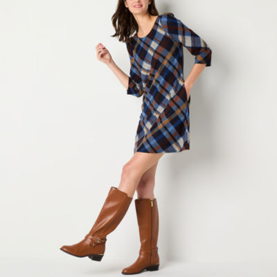 Jessica Howard Plaid Womens 3/4 Sleeve Shift Dress