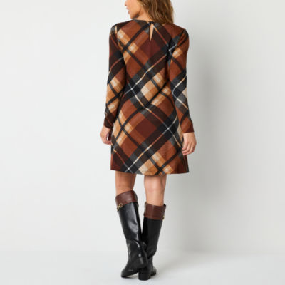 R & K Originals Plaid Womens Long Sleeve Shift Dress