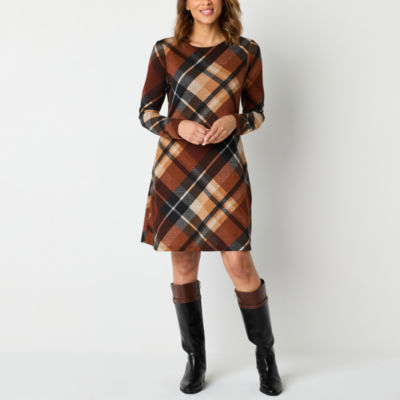 R & K Originals Plaid Womens Long Sleeve Shift Dress