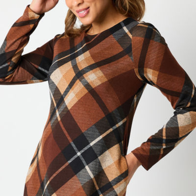 R & K Originals Plaid Womens Long Sleeve Shift Dress