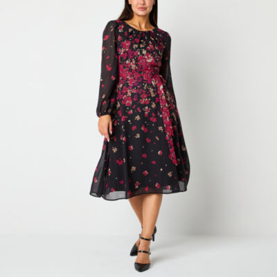 R & K Originals Womens Long Sleeve Floral Midi Fit + Flare Dress