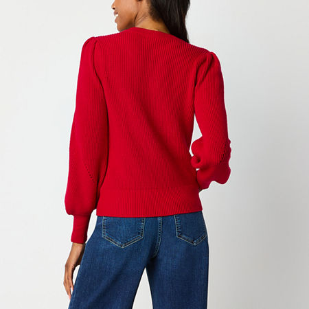 Liz Claiborne Womens V Neck Long Sleeve Rib Knit Pullover Sweater, Petite Large, Red