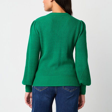 Liz Claiborne Womens V Neck Long Sleeve Rib Knit Pullover Sweater, Petite Large, Green