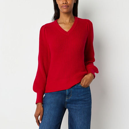 Liz Claiborne Womens V Neck Long Sleeve Rib Knit Pullover Sweater, Petite Large, Red