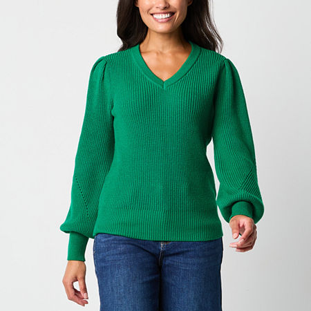 Liz Claiborne Womens V Neck Long Sleeve Rib Knit Pullover Sweater, Petite Large, Green