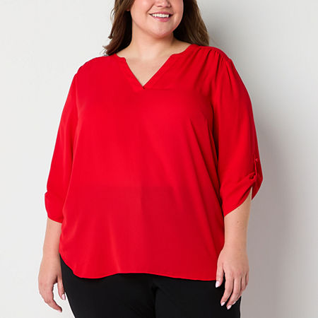 Worthington Plus Womens V Neck Long Sleeve Blouse, 3x, Red