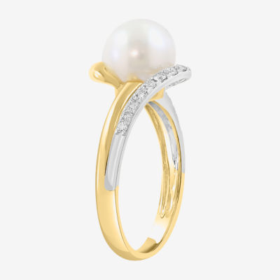 Effy Final Call Limited Quantities! Womens 1/7 CT. T.W. 8MM Genuine White Cultured Freshwater Pearl 14K Gold Round Side Stone Bypass  Cocktail Ring