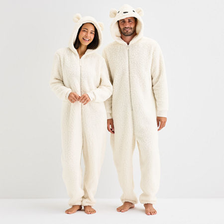 North Pole Trading Co . Polar Bear Unisex Adult Sherpa Hooded Long Sleeve Matching Family One Piece Pajama In White