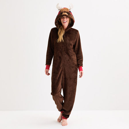 North Pole Trading Co . Moose Unisex Adult Plush Hooded Long Sleeve Matching Family One Piece Pajama In Brown