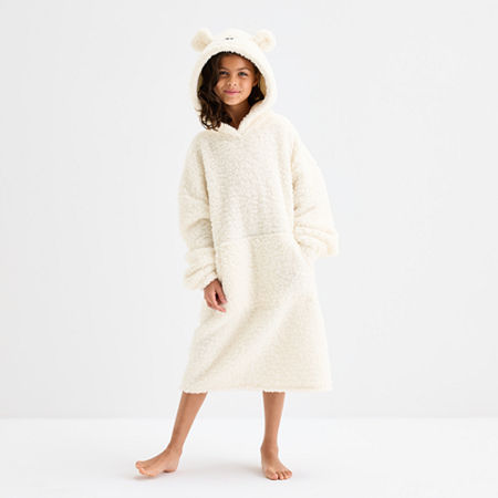 North Pole Trading Co . Polar Bear Little & Big Kid Unisex Sherpa Hooded Long Sleeve Matching Family Nightgown In White