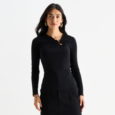 Bold Elements Womens Asymmetrical Neck Long Sleeve Blouse