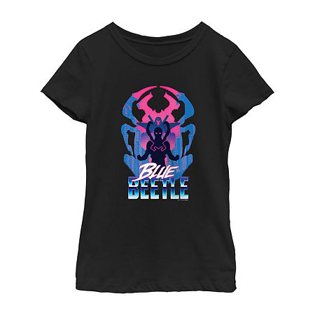 Little & Big Girls Round Neck Short Sleeve Blue Beetle Graphic T-Shirt, Medium, Black