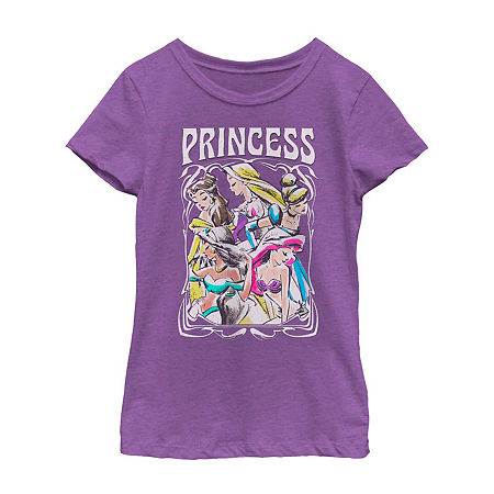 Disney Collection Little & Big Girls Crew Neck Short Sleeve Ariel Belle Cinderella Graphic T-Shirt, Medium, Purple