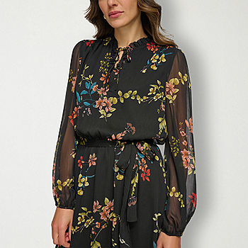 Marc New York Ruffle Trim Long Sleeve Floral Midi Fit + Flare