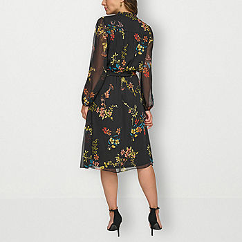 Marc New York Ruffle Trim Long Sleeve Floral Midi Fit + Flare