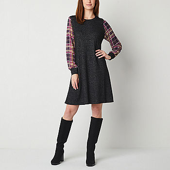 Alyx Long Plaid Sleeve Swing Dresses, Color: Charcoal - JCPenney