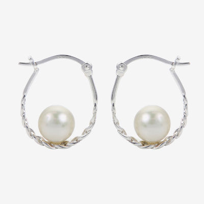 White Cultured Freshwater Pearl Sterling Silver 18mm Hoop Earrings