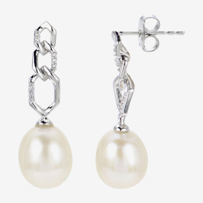 White Cultured Freshwater Pearl Sterling Silver Drop Earrings