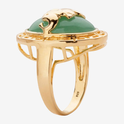 Elephant 3MM Genuine Green Jade 14K Gold Over Silver Band