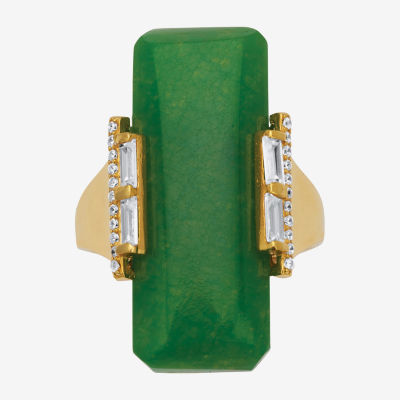 Womens Genuine Green Jade 18K Gold Over Silver Rectangular Cocktail Ring