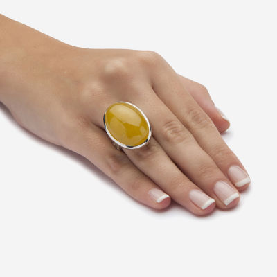 Womens Genuine Yellow Jade Sterling Silver Cocktail Ring