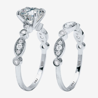 Diamonart Womens 2 1/2 CT. T.W. White Cubic Zirconia Platinum Over Silver Round Bridal Set