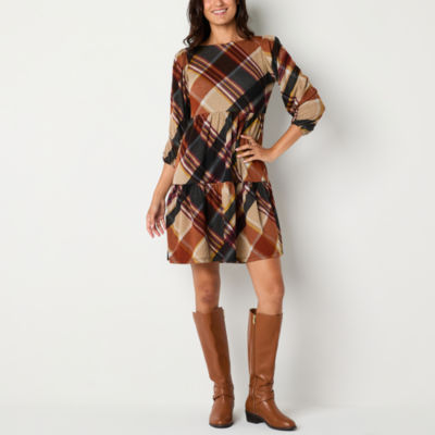 Jessica Howard Plaid Womens 3/4 Sleeve Babydoll Dress