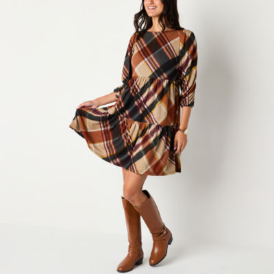 Jessica Howard Womens 3/4 Sleeve Plaid Babydoll Dress