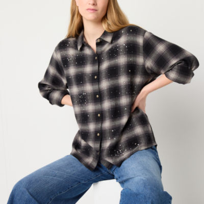 a.n.a Womens Long Sleeve Embellished Oversized Button-Down Shirt