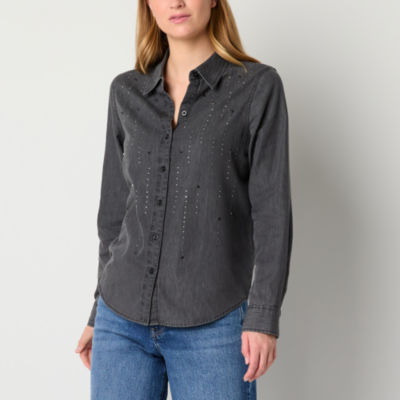 a.n.a Womens Long Sleeve Embellished Regular Fit Button-Down Shirt