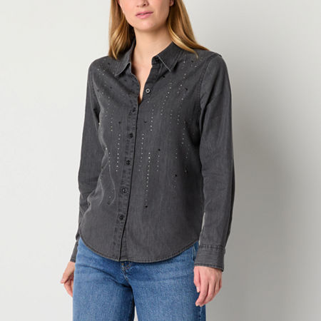 A.n.a Womens Long Sleeve Embellished Regular Fit Button-Down Shirt, Petite Medium, Gray