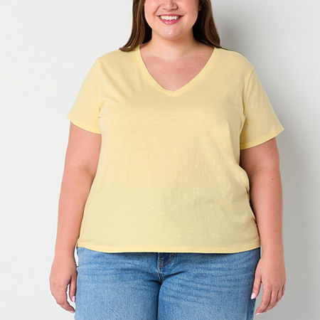 a.n.a Womens Plus V Neck Short Sleeve T-Shirt, 2x, Yellow