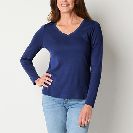 St. John's Bay Womens V Neck Long Sleeve T-Shirt, Petite Xx-large, Blue