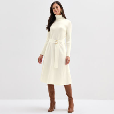 knee length dresses for ladies Long Sleeve Belted Midi Knit Sweater Dress