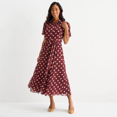 Sandra Darren Womens Short Sleeve Dots Midi Fit + Flare Dress
