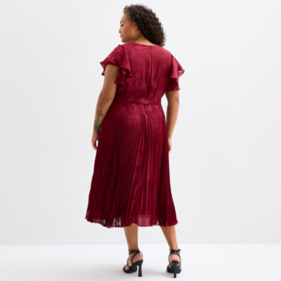 Melonie T Womens Plus Short Sleeve Floral Midi Fit + Flare Dress