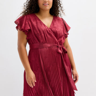 Melonie T Womens Plus Short Sleeve Floral Midi Fit + Flare Dress