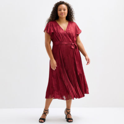 Melonie T Womens Plus Short Sleeve Floral Midi Fit + Flare Dress