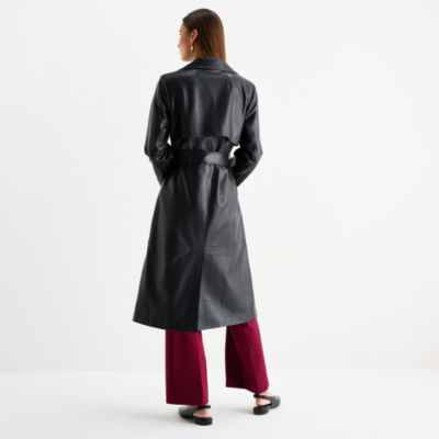 Worthington Womens Faux Leather Belted Lightweight Trench Coat