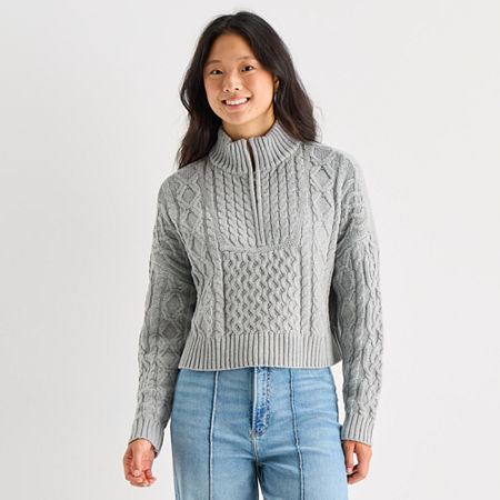 Arizona Juniors Womens Mock Neck Long Sleeve Cable Knit Pullover Sweater