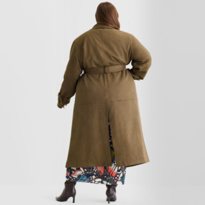 Ashley Graham Womens Plus Faux Suede Trench Coat